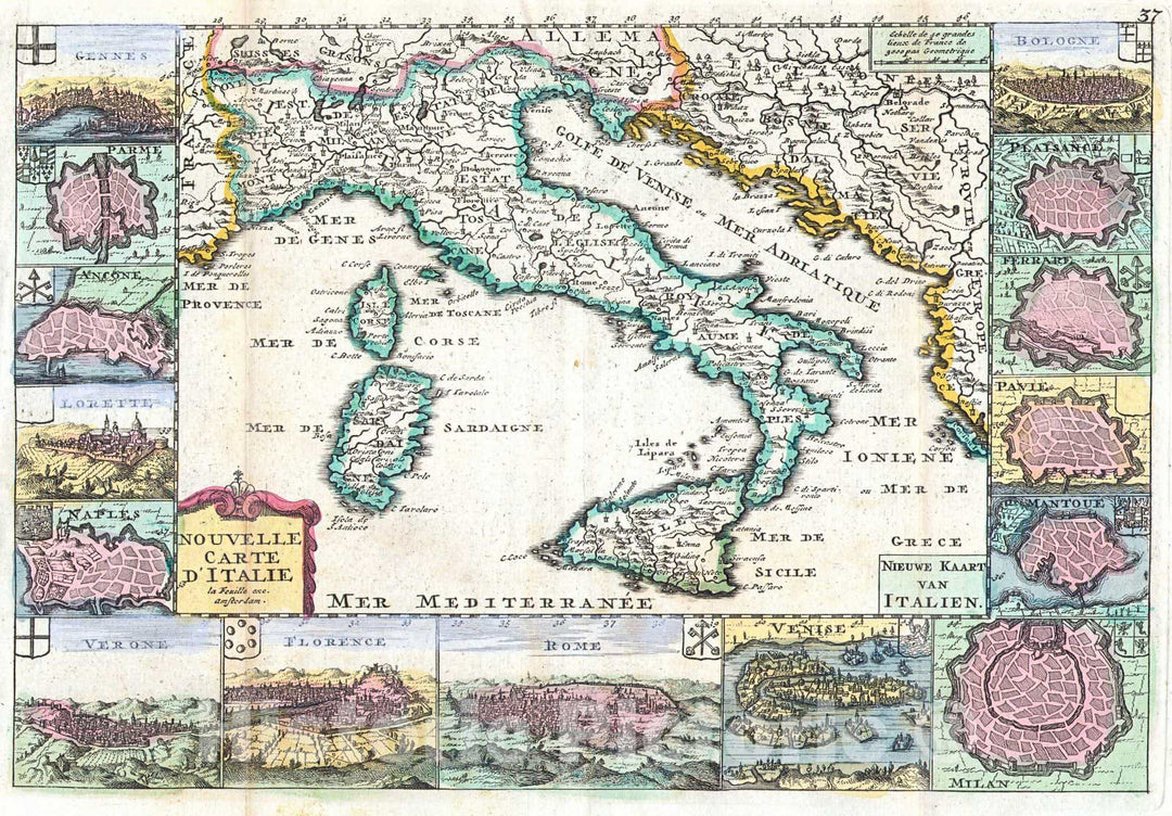 Historic Map : de la Feuille Map of Italy, 1706, Vintage Wall Art