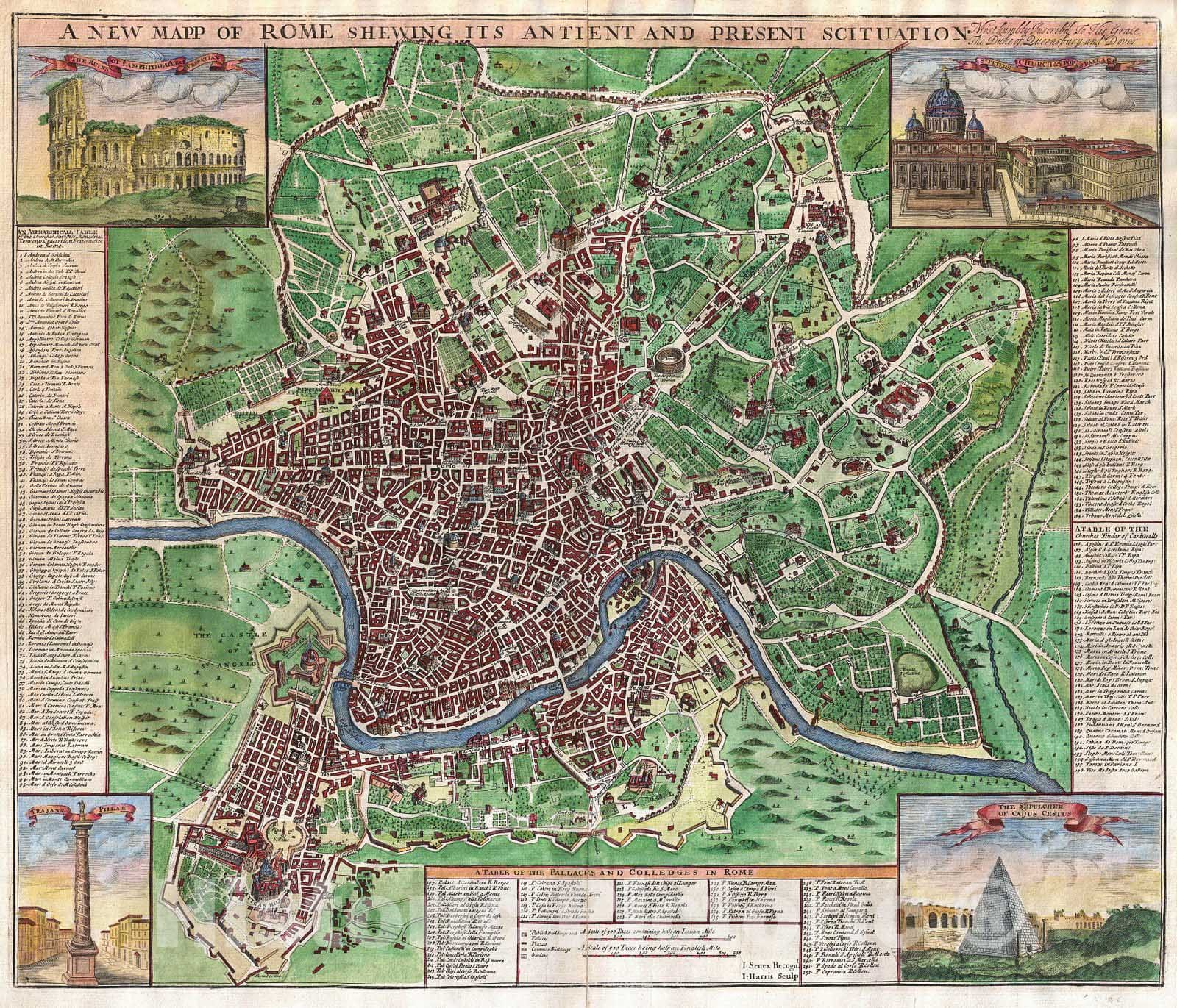 Historic Map : John Senex Map of Rome , 1721, Vintage Wall Art