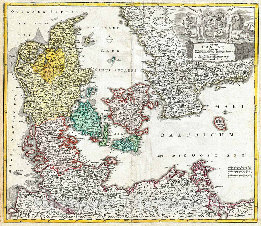 Historic Map : Homann Map of Denmark , 1730, Vintage Wall Art