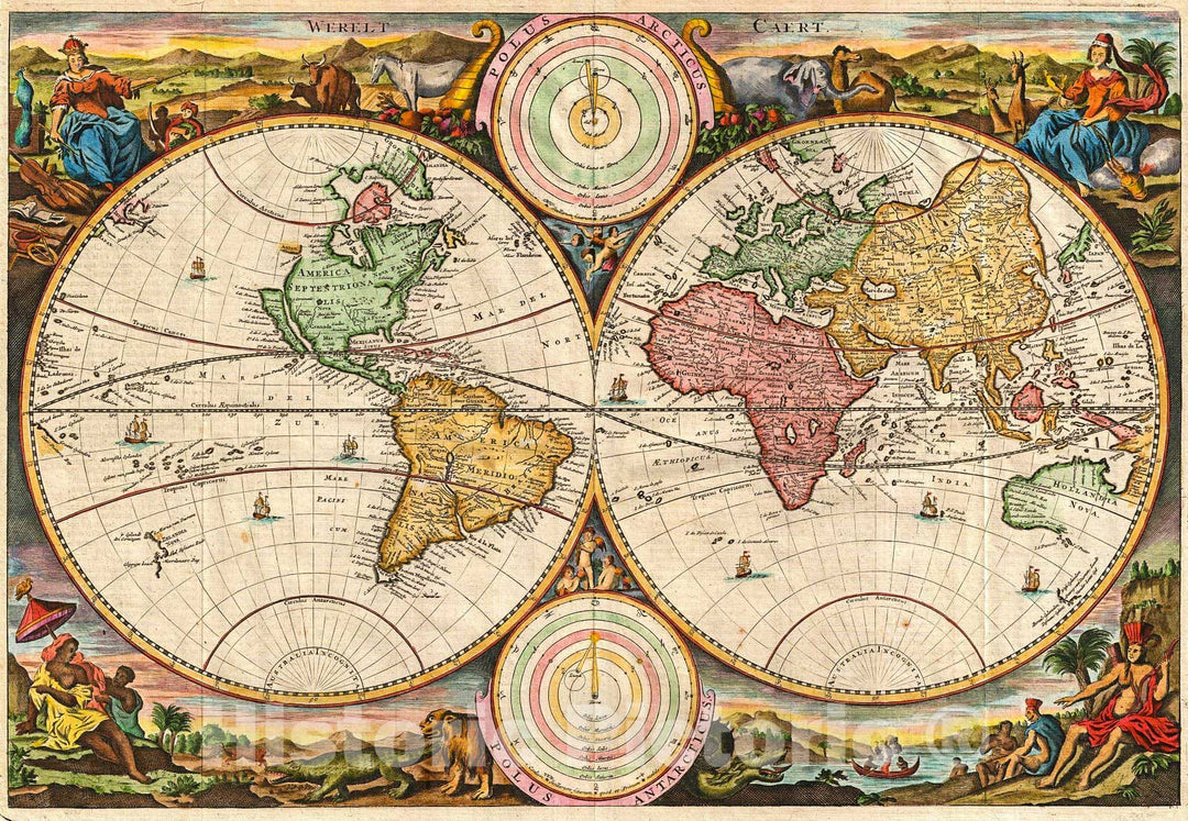 Historic Map : Stoopendaal Map of The World in Two Hemispheres, 1730, Vintage Wall Art