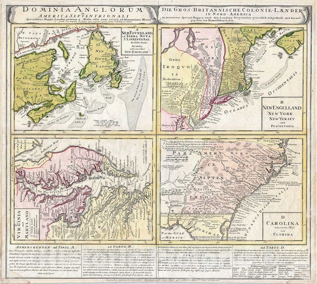 Historic Map : Homann Heirs Map of New England, Georgia and Carolina, and Virginia and Maryland , 1737, Vintage Wall Art