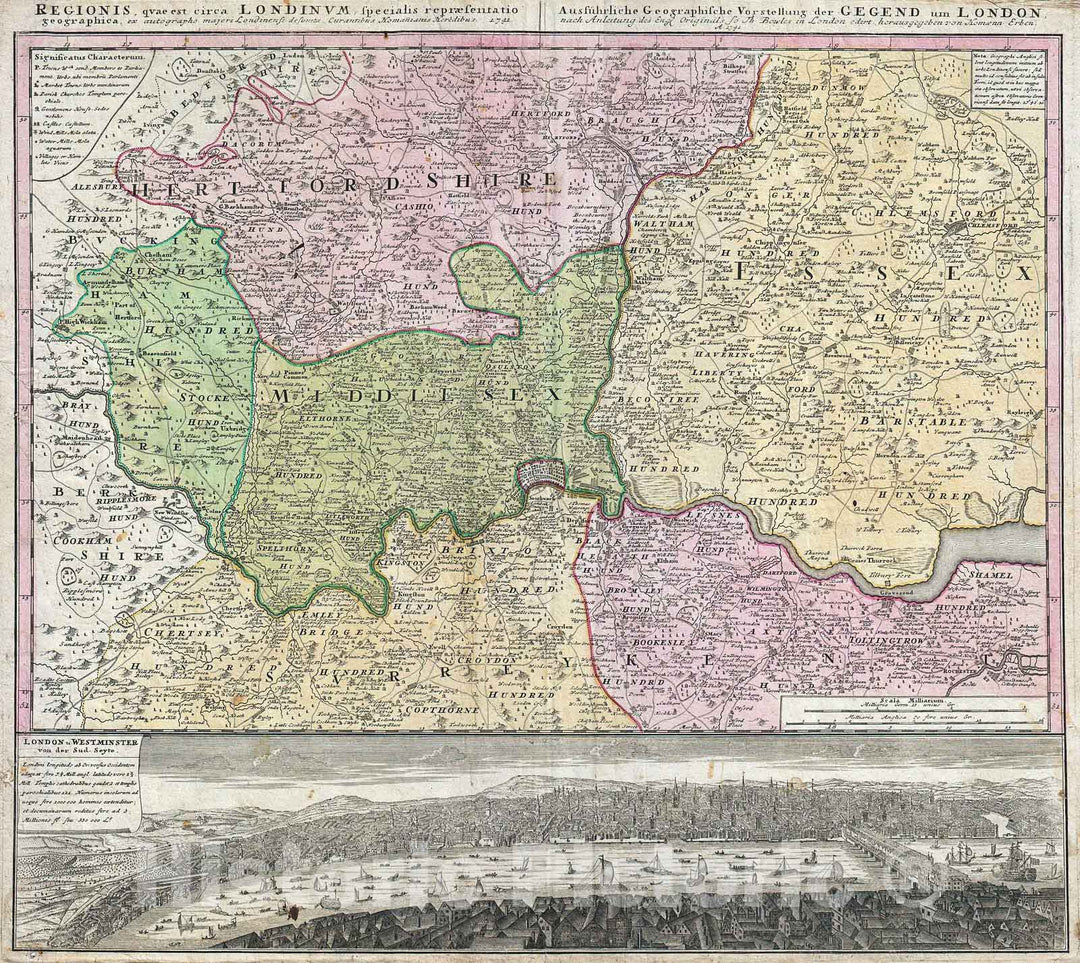 Historic Map : Homann View and Map of London, England and Environs , 1741, Vintage Wall Art