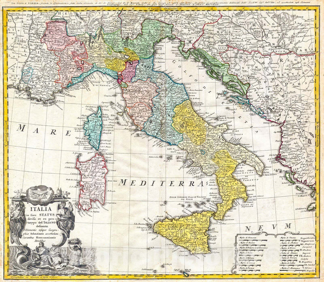 Historic Map : Homann Heirs Map of Italy , 1742, Vintage Wall Art