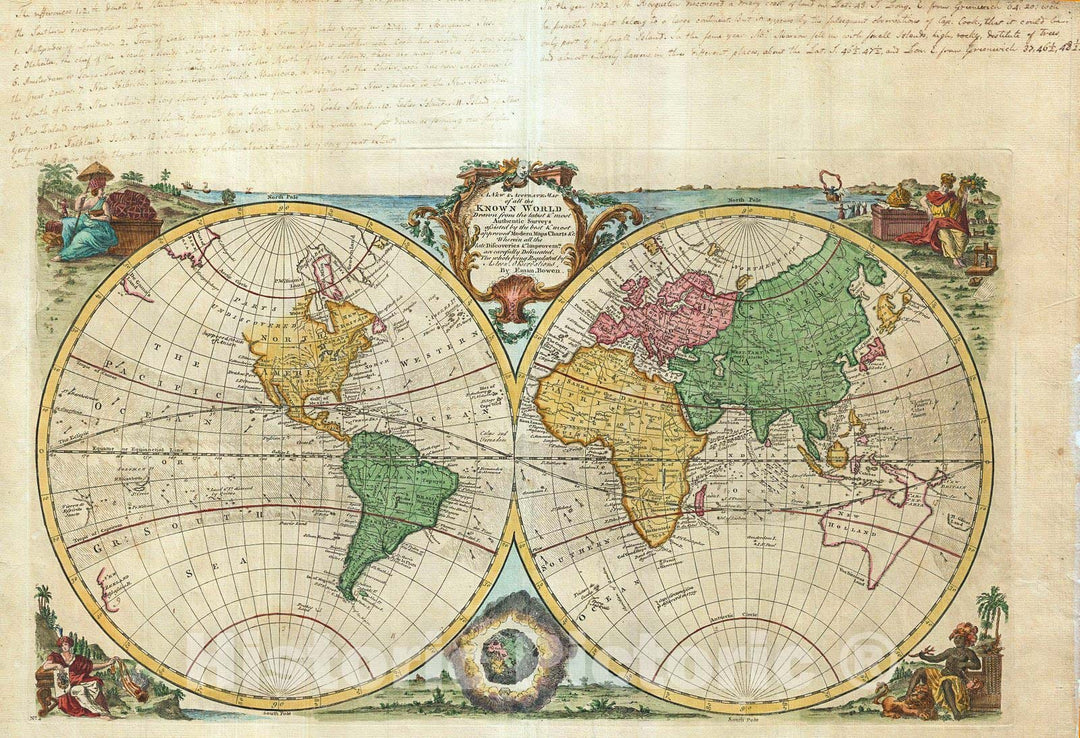 Historic Map : Bowen Map of The World in Hemispheres, 1744, Vintage Wall Art