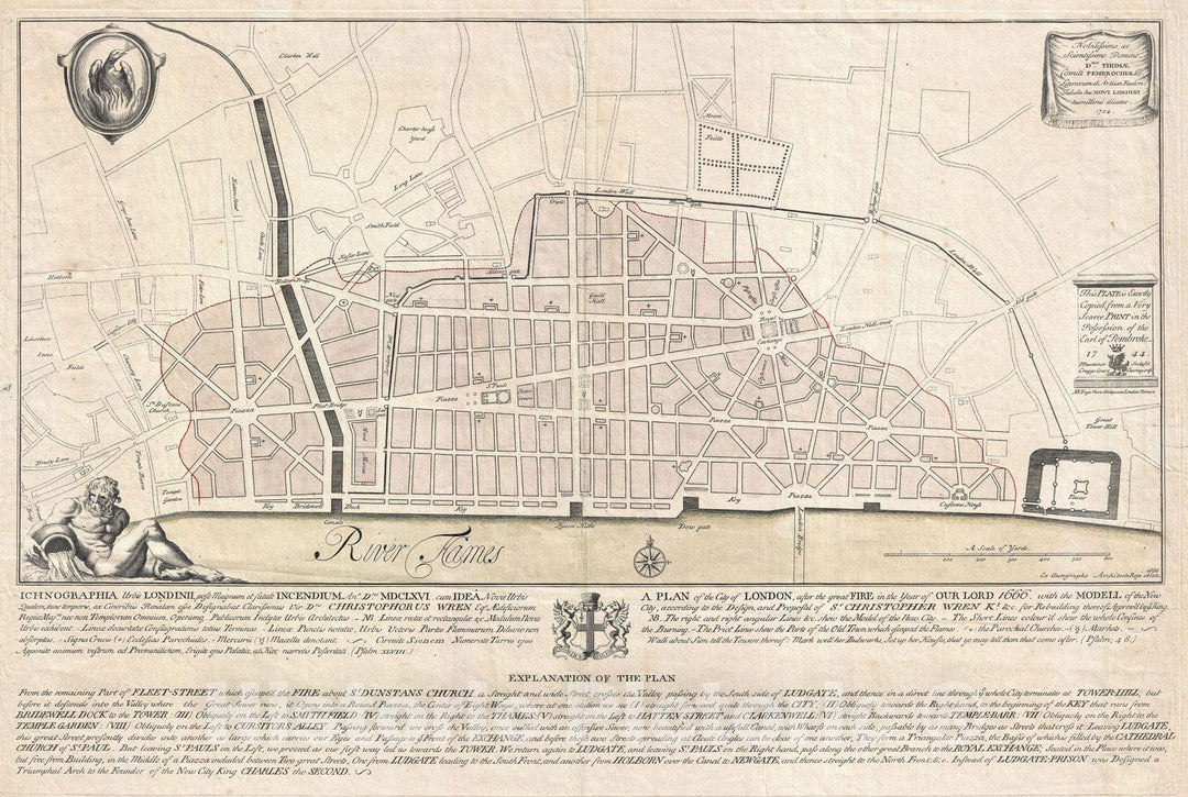 Historic Map : Wren Map of London, England, 1744, Vintage Wall Art