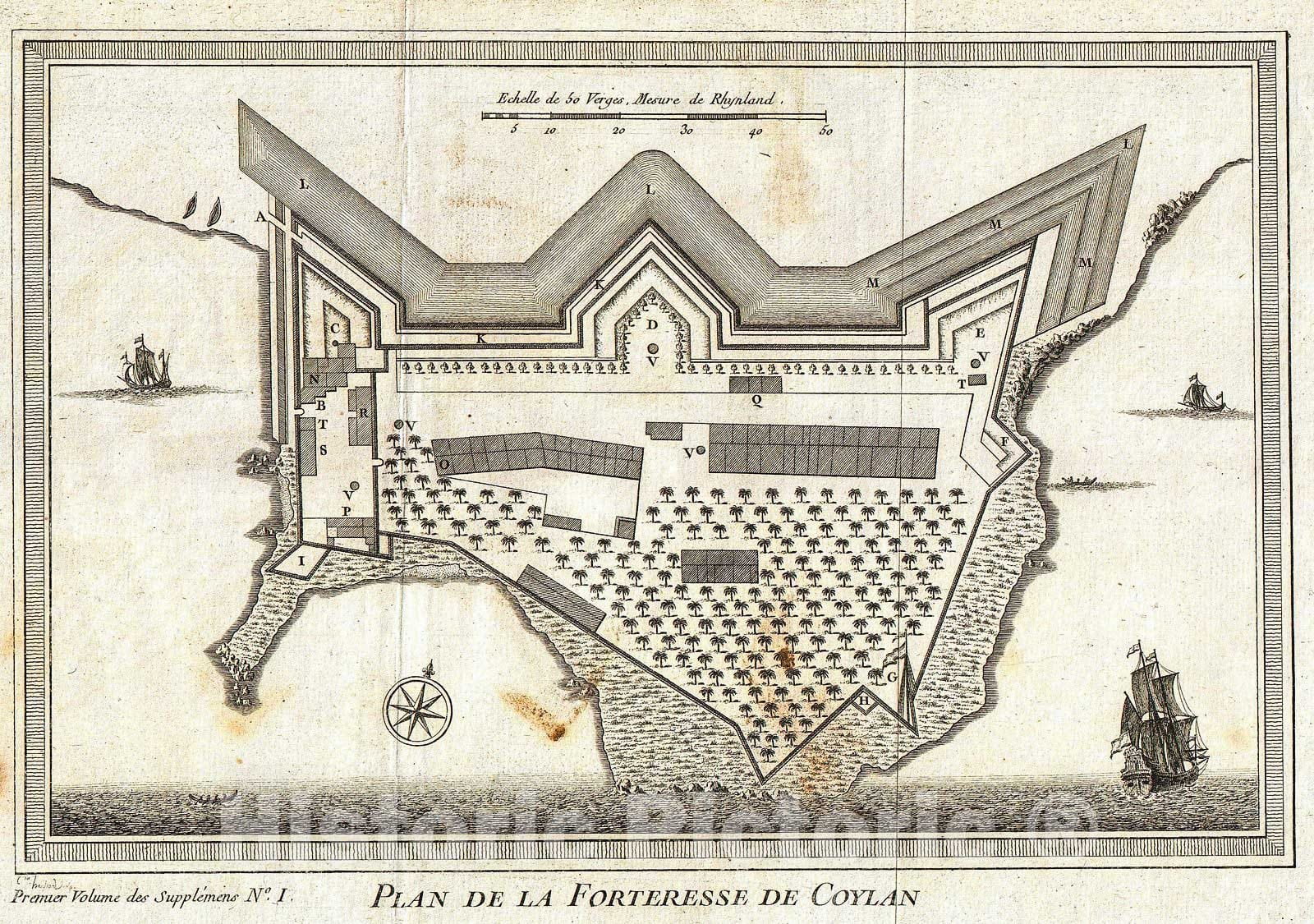 Historic Map : Bellin Map of Kollam Fort, Kerala, India, 1756, Vintage Wall Art