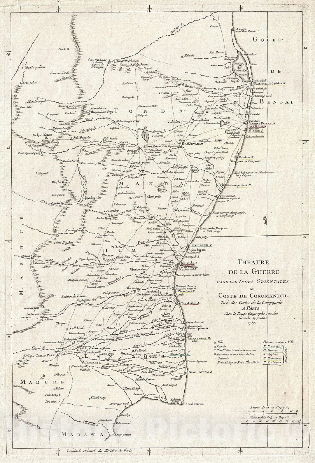 Historic Map : La Rouge Map of Eastern India or Coromandel (Madras and Pondicherry), 1759, Vintage Wall Art