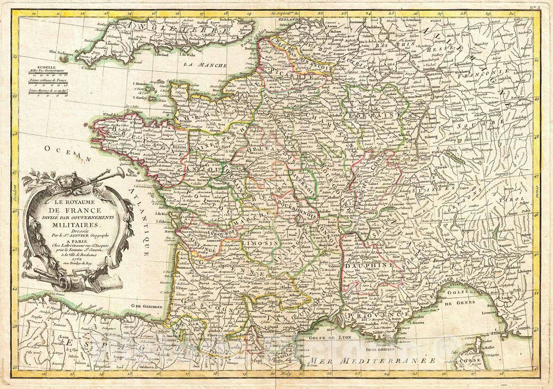 Historic Map : Janvier Map of France, 1762, Vintage Wall Art