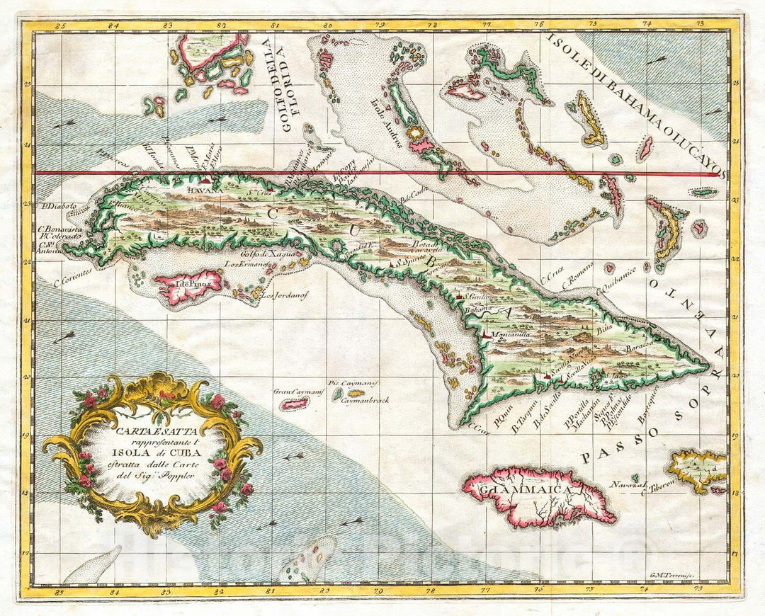 Historic Map : Terreni, Coltellini Map of Cuba and Jamaica , 1763, Vintage Wall Art