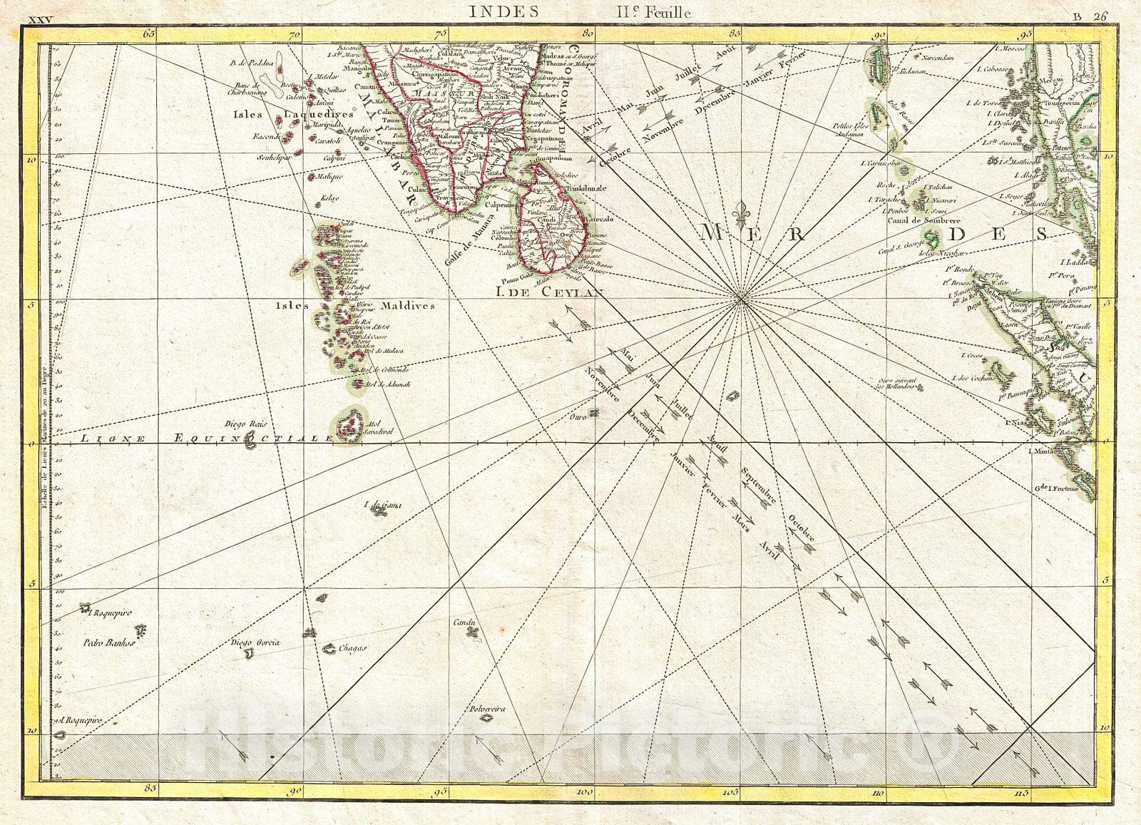 Historic Map : Bonne Map of Southern India, Sri Lanka (Ceylon), The Maldives, and The Indian Ocean, 1770, Vintage Wall Art