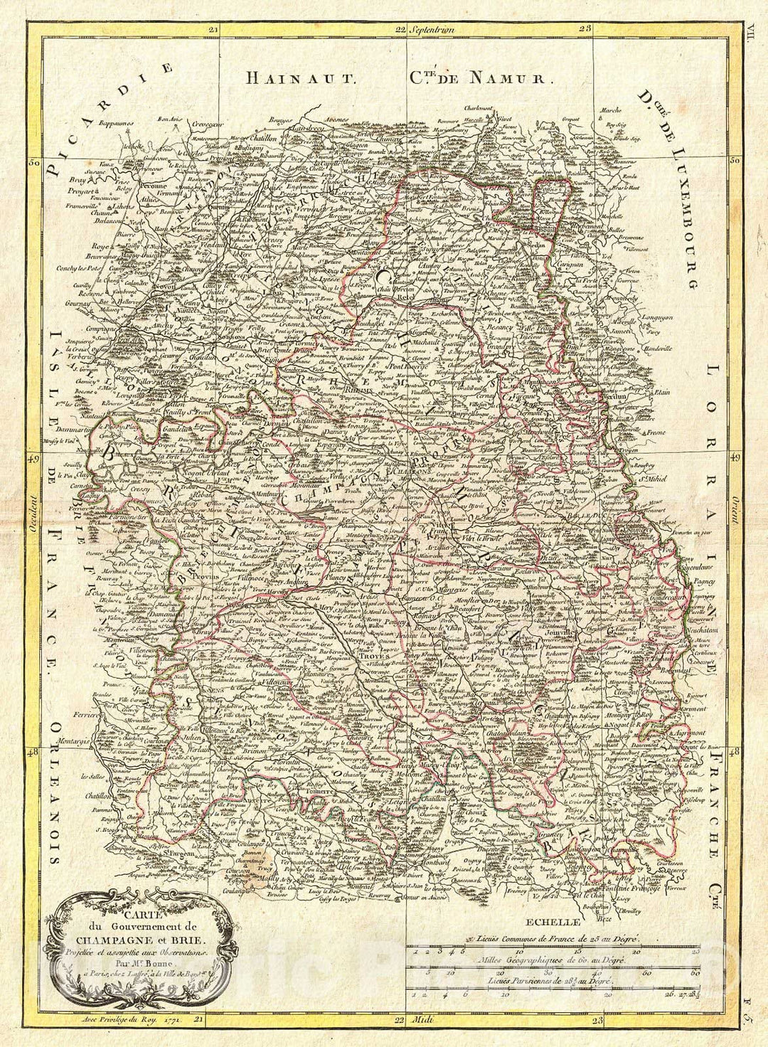 Historic Map : Bonne Map of Brie and Champagne, France , 1771, Vintage Wall Art