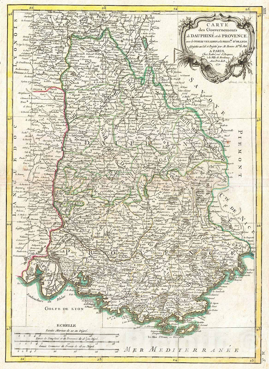 Historic Map : Bonne Map of Dauphine and Provence, France, 1771, Vintage Wall Art