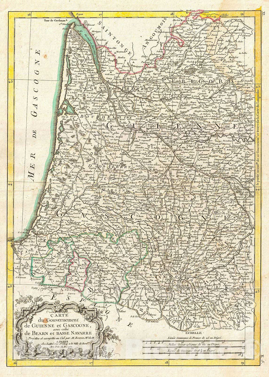 Historic Map : Bonne Map of Guyenne and Gascony, France, 1771, Vintage Wall Art