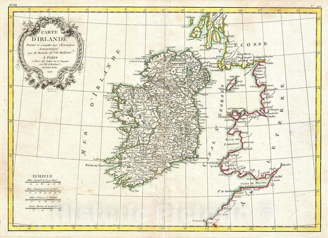 Historic Map : Bonne Map of Ireland, 1771, Vintage Wall Art