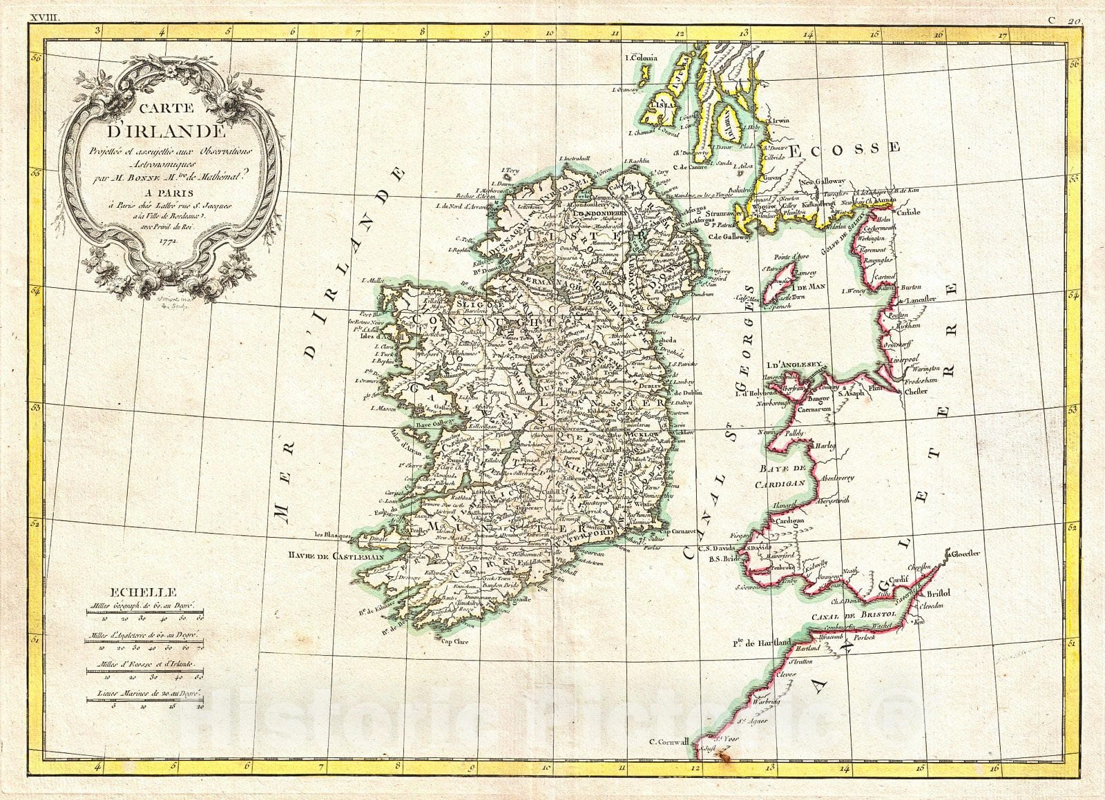 Historic Map : Bonne Map of Ireland, 1771, Vintage Wall Art