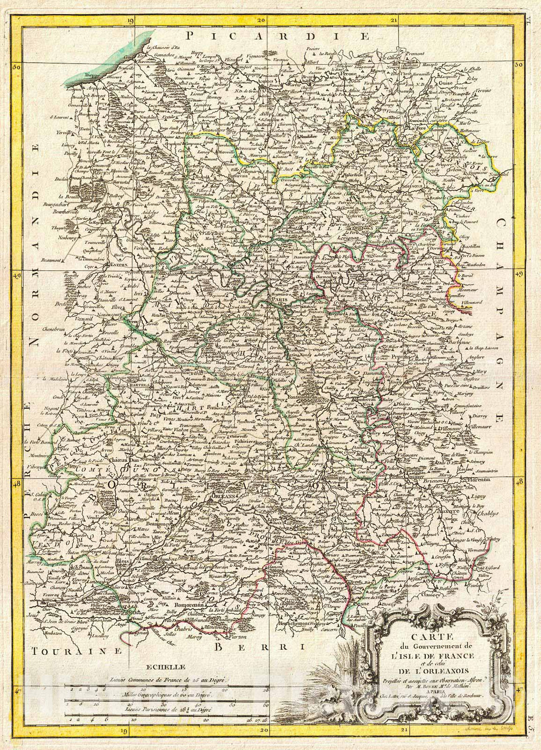 Historic Map : Bonne Map of Isle de France (Vicinity of Paris), France, 1771, Vintage Wall Art