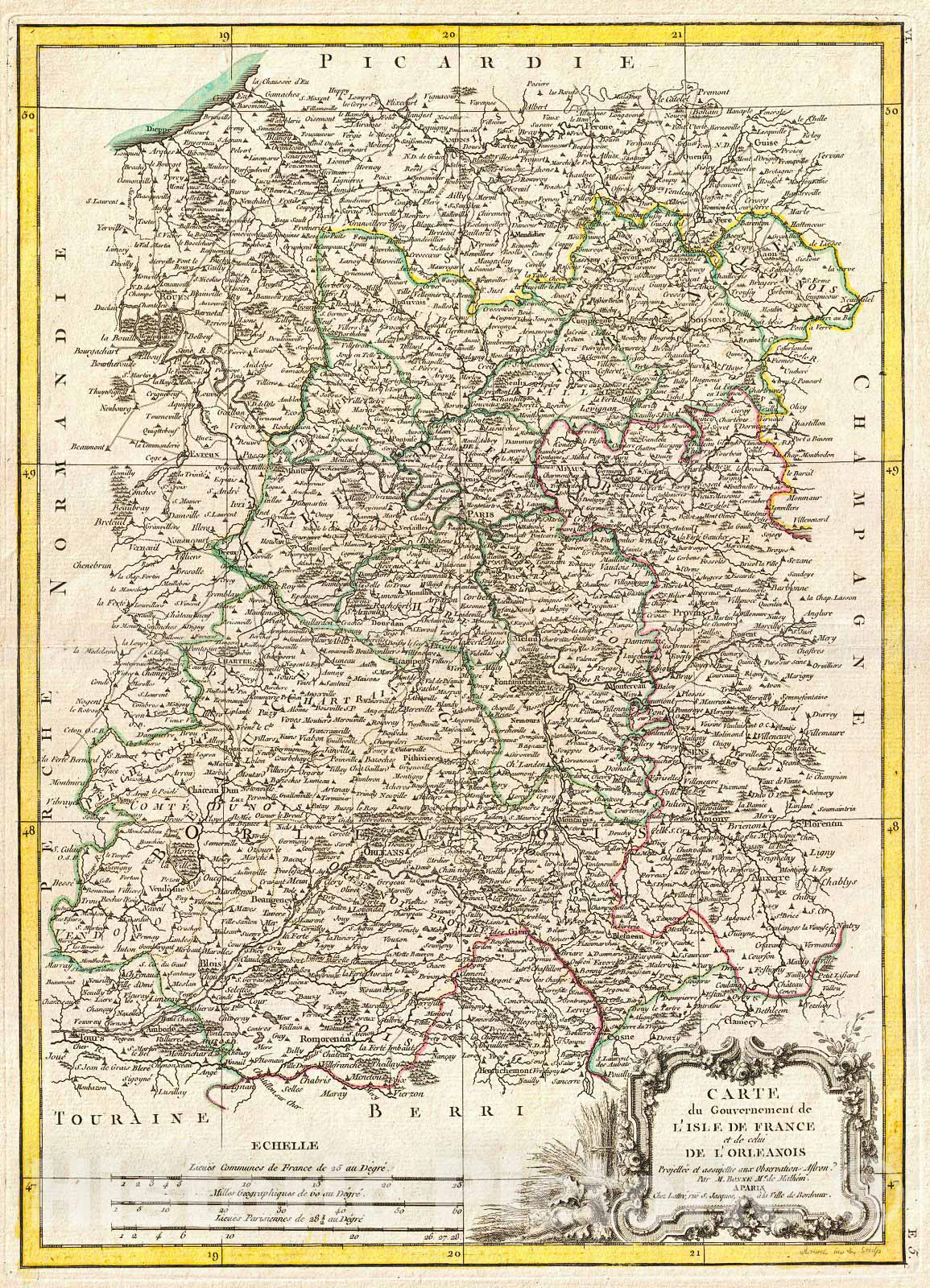 Historic Map : Bonne Map of Isle de France (Vicinity of Paris), France, 1771, Vintage Wall Art