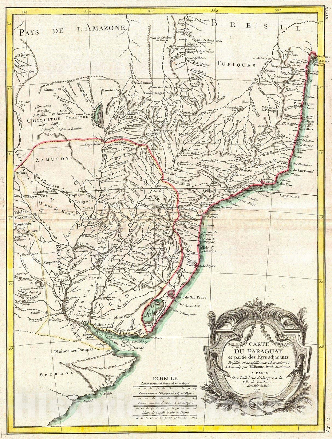 Historic Map : Bonne Map of Paraguay, Uruguay, and Brazil , 1771, Vintage Wall Art