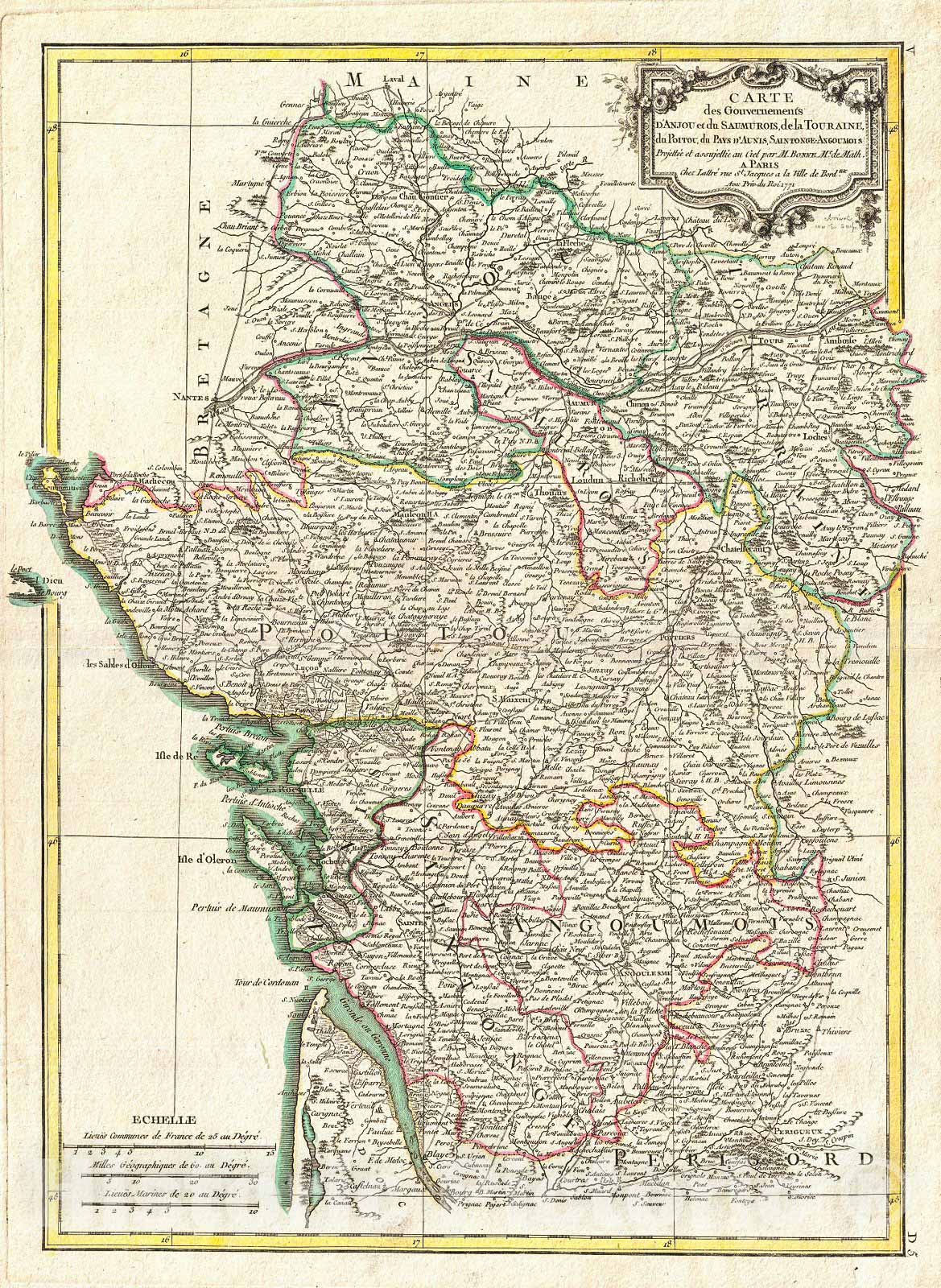 Historic Map : Bonne Map of Poitou, Touraine and Anjou, France , 1771, Vintage Wall Art