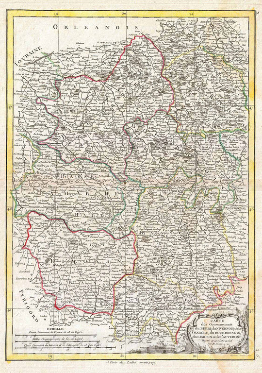 Historic Map : Bonne Map of The Auvergne, Limosin, Bourbonnais, and Berri, France, 1771, Vintage Wall Art