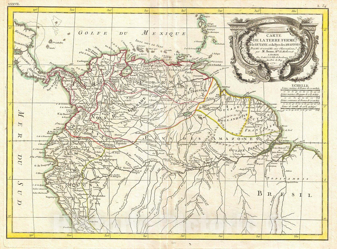 Historic Map : Bonne Map of Tierra Firma or Northern South America, 1771, Vintage Wall Art