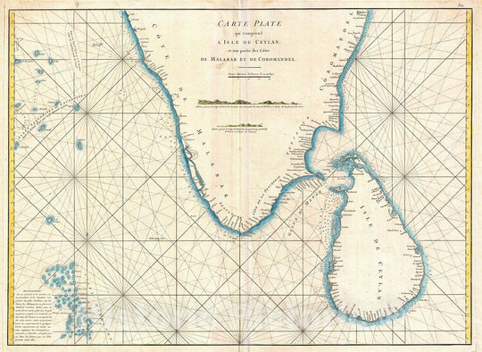 Historic Map : Mannevillette Map of Southern India and Ceylon or Sri Lanka, 1775, Vintage Wall Art