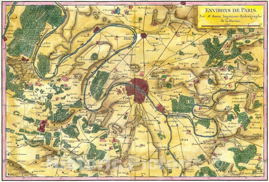 Historic Map : Bonne Map of The Environs of Paris, France, 1780, Vintage Wall Art