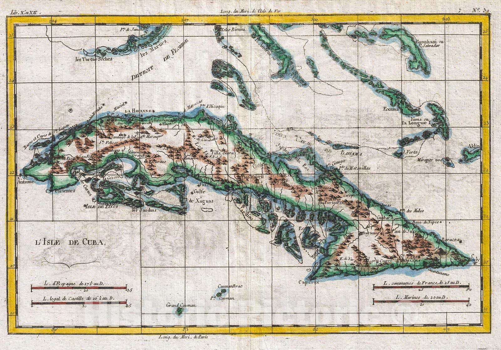 Historic Map : Raynal and Bonne Map of Cuba, West Indies, 1780, Vintage Wall Art