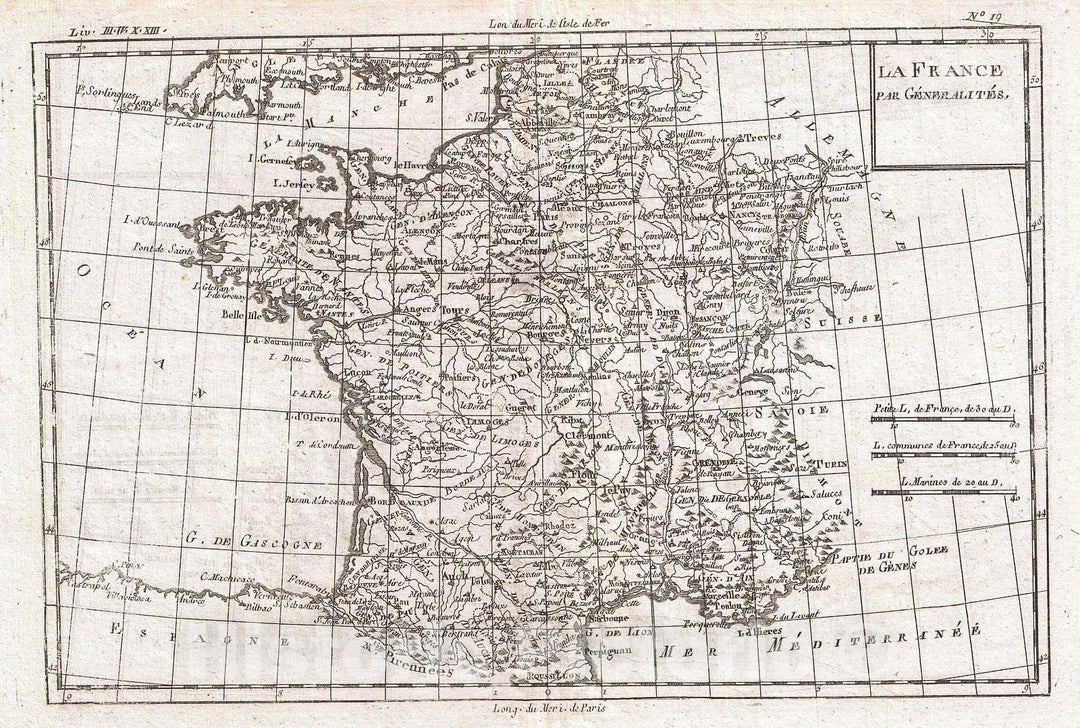 Historic Map : Raynal and Bonne Map of France, 1780, Vintage Wall Art