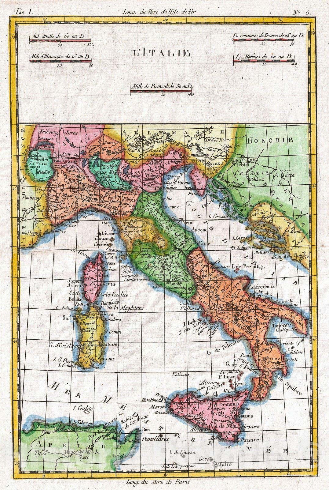 Historic Map : Raynal and Bonne Map of Italy, 1780, Vintage Wall Art