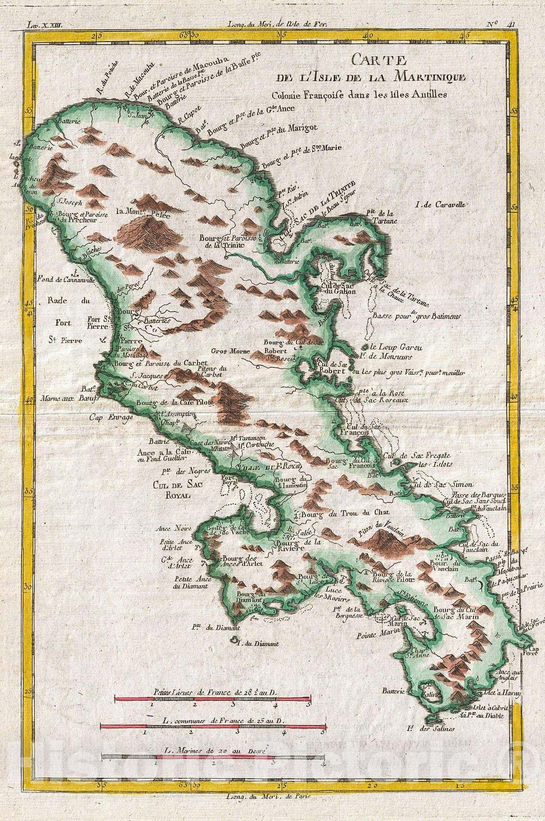 Historic Map : Raynal and Bonne Map of Martinique, West Indies, 1780, Vintage Wall Art