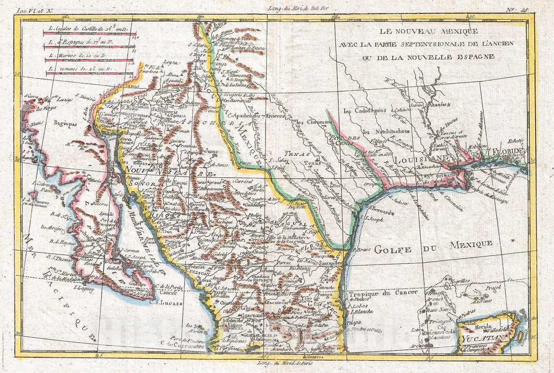 Historic Map : Raynal and Bonne Map of Mexico and Texas, 1780, Vintage Wall Art