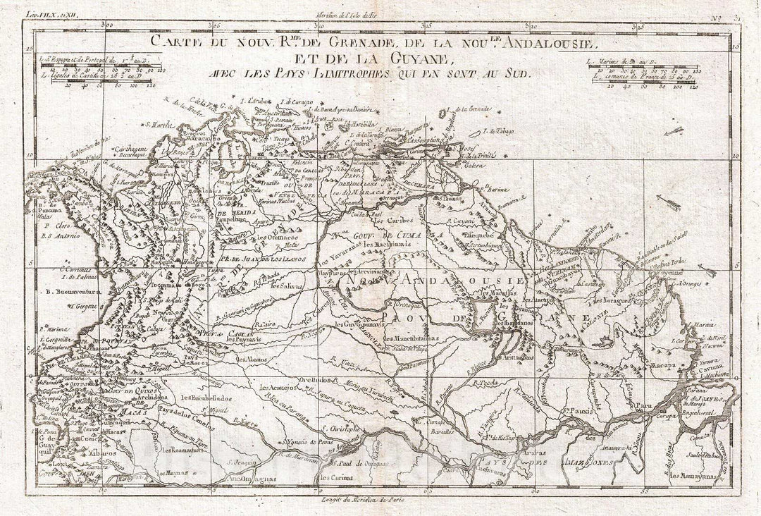 Historic Map : Raynal and Bonne Map of Northern South America, 1780, Vintage Wall Art