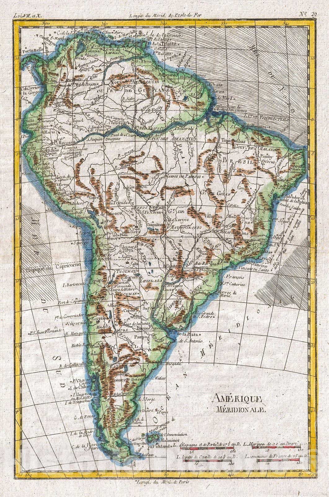 Historic Map : Raynal and Bonne Map of South America, 1780, Vintage Wall Art