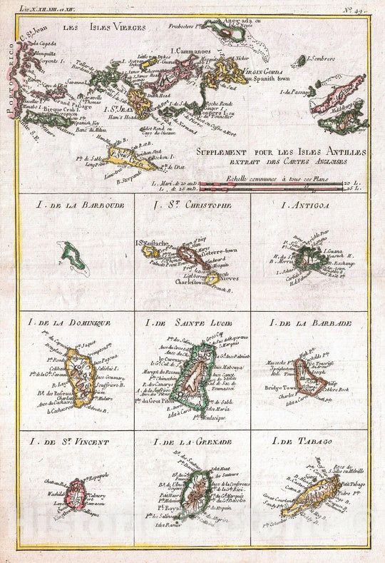 Historic Map : Raynal and Bonne Map of The Virgin Islands and Antilles, West Indies, 1780, Vintage Wall Art