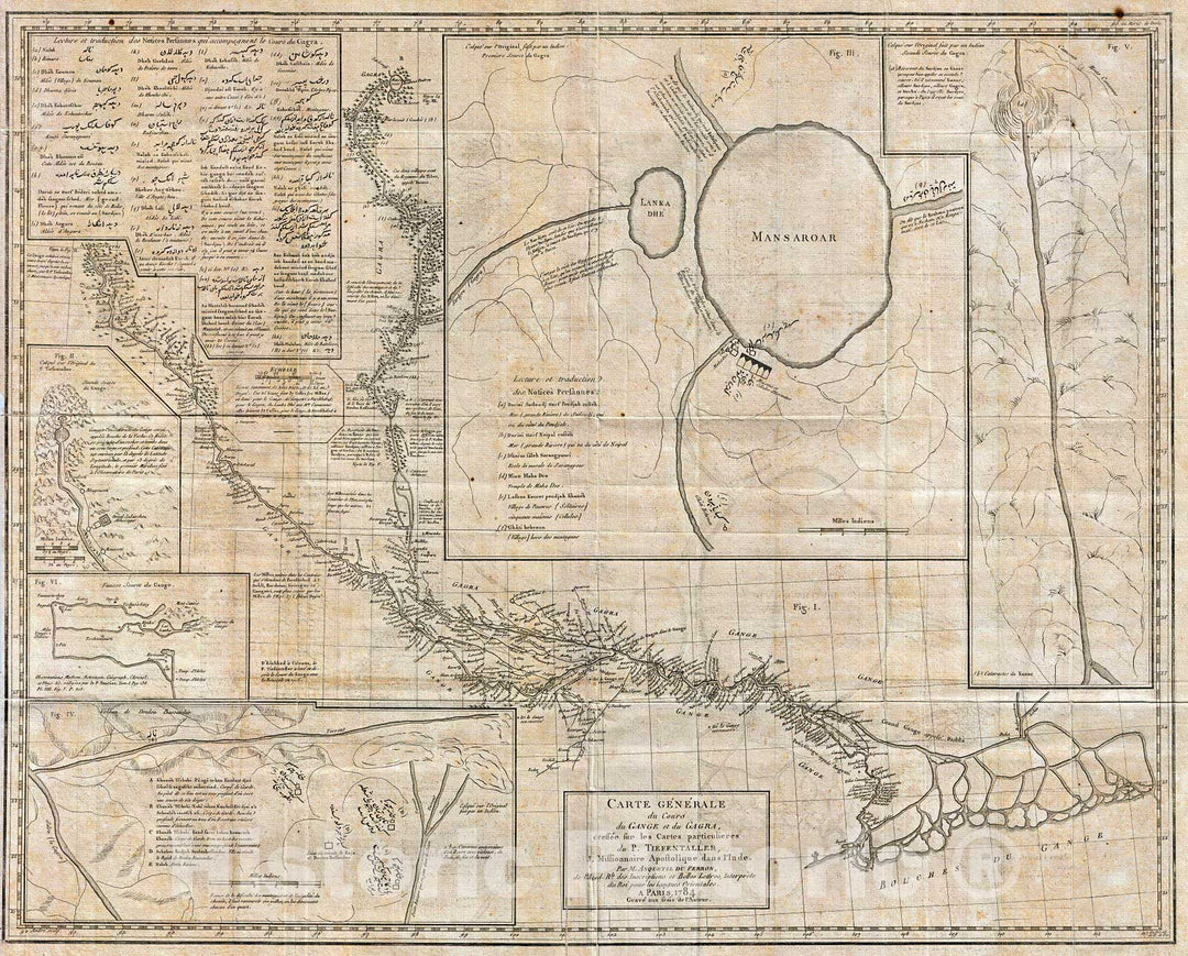 Historic Map : Tiefenthaler Map of The Ganges and Ghaghara Rivers, India , 1784, Vintage Wall Art