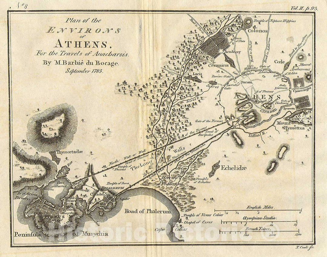 Historic Map : Bocage Map of Athens and Environs, Including Piraeus, in Ancient Greece, 1785, Vintage Wall Art