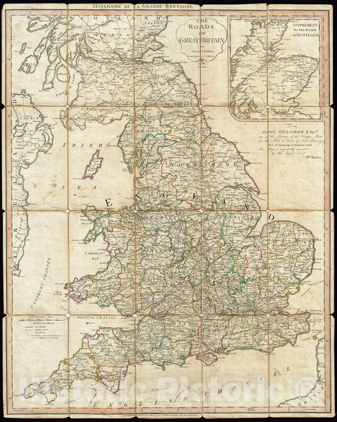 Historic Map : Faden Map of The Roads of Great Britain or England, 1790, Vintage Wall Art