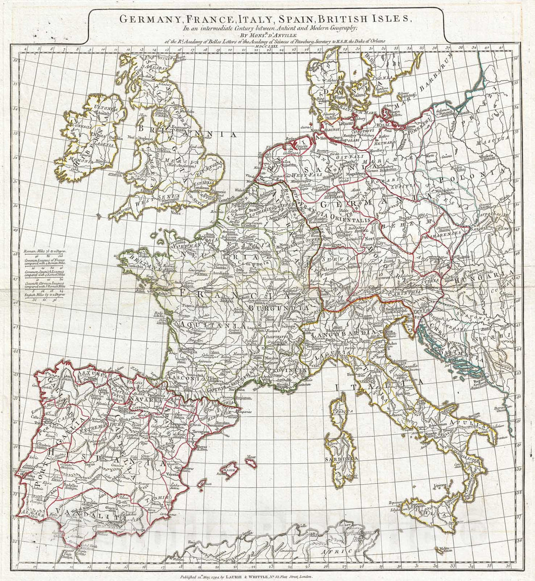 Historic Map : ric Vintage1794 Anville Map of Europe in Late Roman Times, Pict, Vintage Wall Art