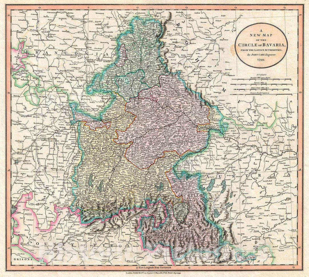 Historic Map : Cary Map of Bavaria and Salzburg, Germany (Munich) , 1799, Vintage Wall Art