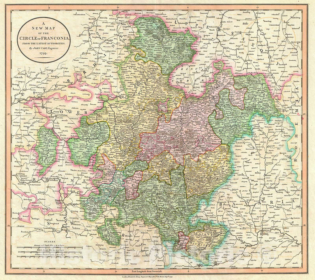 Historic Map : Cary Map of Franconia, Germany (Nuremburg) , 1799, Vintage Wall Art