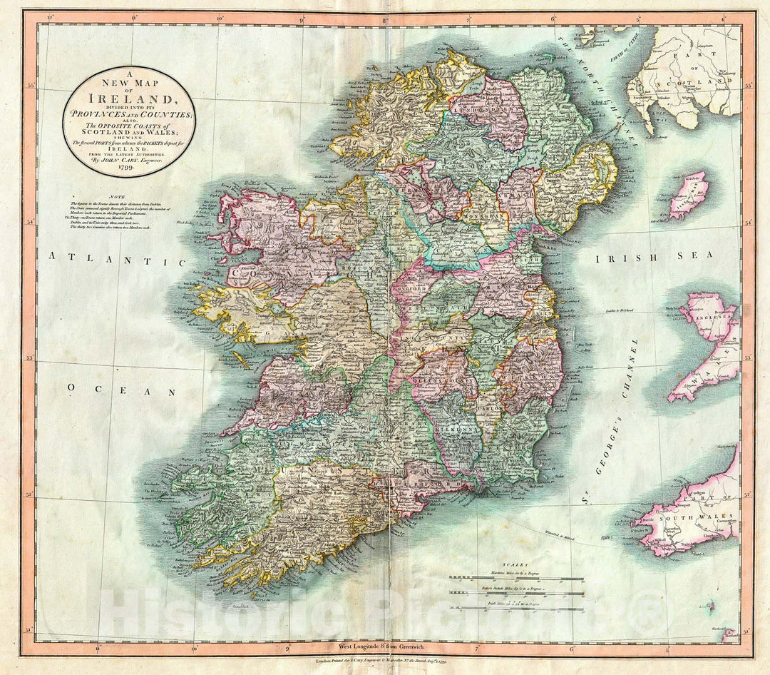 Historic Map : Cary Map of Ireland , 1799, Vintage Wall Art