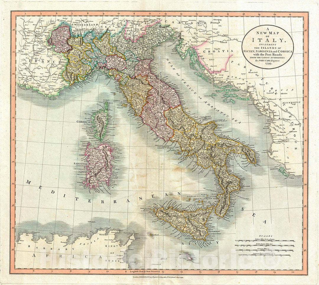 Historic Map : Cary Map of Italy , 1799, Vintage Wall Art