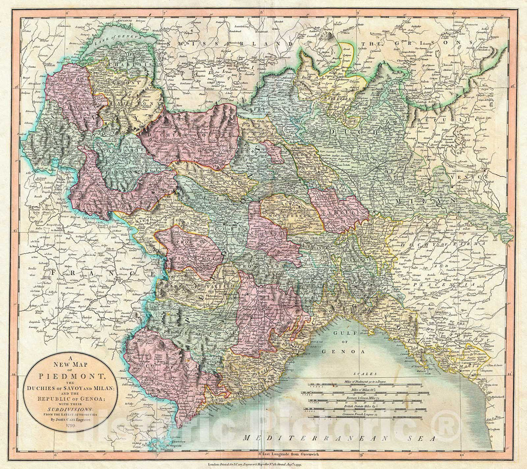 Historic Map : Cary Map of Piedmont, Italy (Milan, Genoa) , 1799, Vintage Wall Art