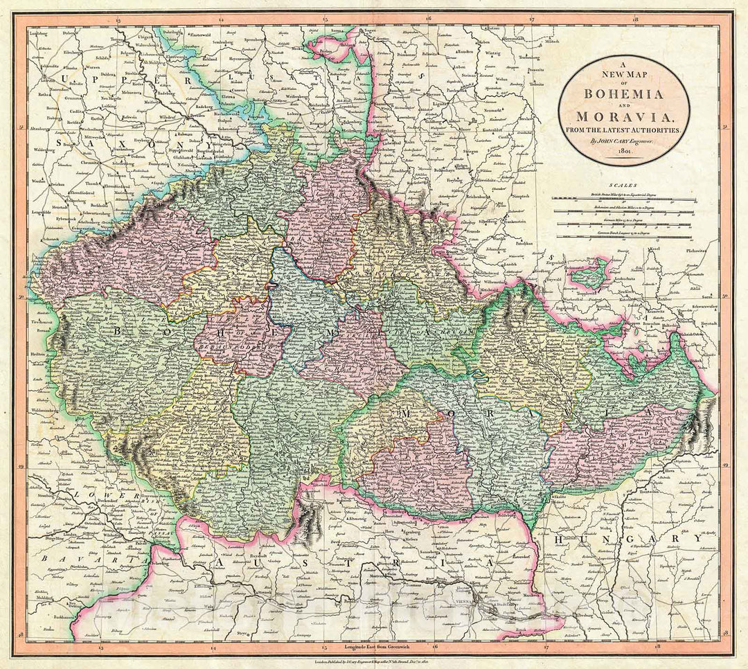 Historic Map : Cary Map of Bohemia and Moravia (Czech Republic) , 1801, Vintage Wall Art