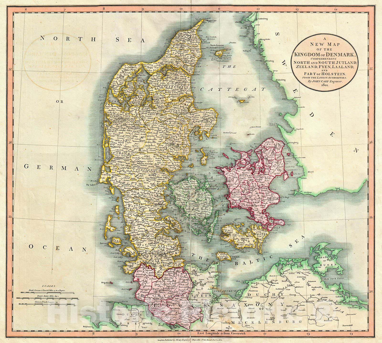 Historic Map : Cary Map of Denmark , 1801, Vintage Wall Art