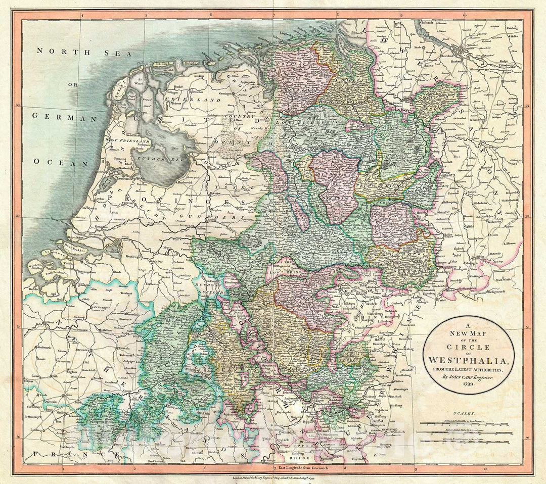 Historic Map : Cary Map of Westphalia, Germany , 1801, Vintage Wall Art