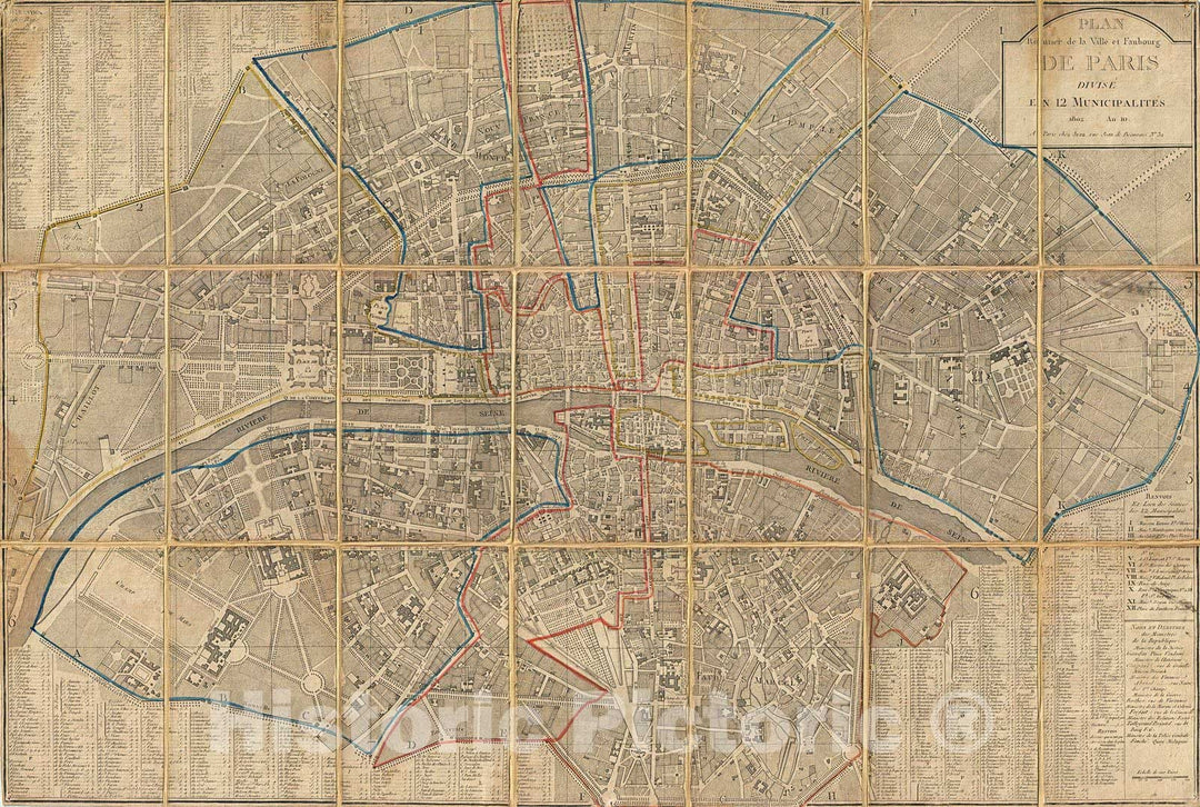 Historic Map : Chez Jean Map of Paris in 12 Municipalities, France, 1802, Vintage Wall Art