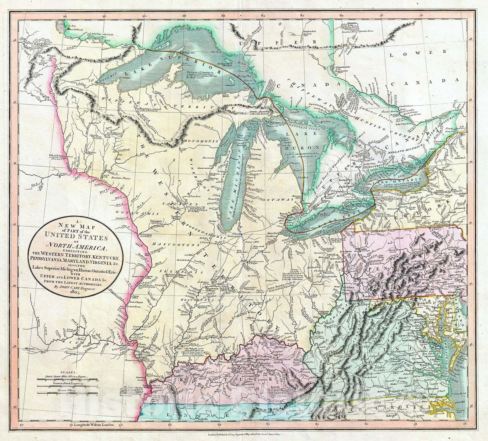 Historic Map : Cary Map of The Great Lakes and Western Territory (Kentucy, Virginia, Ohio, etc.) , 1805, Vintage Wall Art