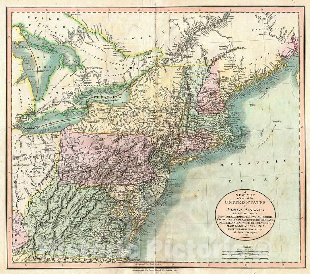 Historic Map : Cary Map of New England, New York, Pennsylvania, New Jersey and Virginia , 1806, Vintage Wall Art